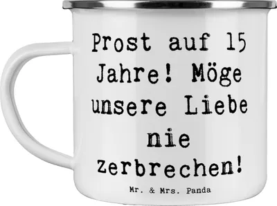 Produktbild von Mr. & Mrs. Panda Teetasse Spruch 15. Hochzeitstag Gläserne Hochzeit - Weiß - Geschenk, Emaille Tasse, Heiraten, Geschenke, Ehe, Pott, Teebecher, Heirat, Haferl, Ehefeier
