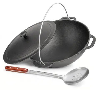 Produktbild von Kazan 8L mit Gusseisendeckel Bügel Edelstahl Schaumkelle Schwenktopf Asia Wok Kasan Kessel Traditioneller Gusstopf Grillwok