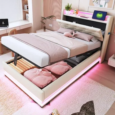 Produktbild von Kinderbett 90x200cm Polsterbett mit Stauraum, farbwechselnder LED-Beleuchtung, USB und Type-C, aufklappbarem Kopfteil, Leinenstoff Beige