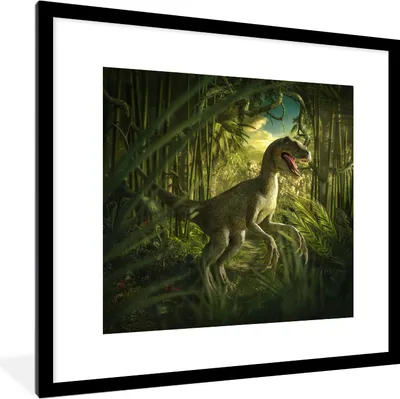 Produktbild von MuchoWow® Gerahmtes Poster Dinosaurier - Pflanzen - Grün - Illustration - Kinder - Jungen 40x40 cm - Poster mit Schwarzem Bilderrahmen Wandposter Rahmen Foto Bilder - Poster - Plakat im Rahmen