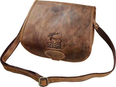 A brown leather messenger bag with a deer embossed on the front.