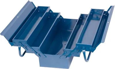 An open blue metal toolbox with multiple compartments.