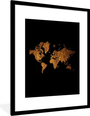 Produktbild von MuchoWow® Gerahmtes Poster Weltkarte - Gold - Linien 60x80 cm - Poster mit Schwarzem Bilderrahmen Wandposter Rahmen Foto Bilder - Wohnzimmer - Dekorationen - Prämie