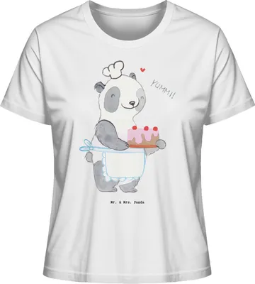 Produktbild von Mr. & Mrs. Panda Oberteil Damen Panda Backen Größe S - Weiß - Geschenk, Basic Shirt, T-Shirt, Rundhals, Kuchen, Hobbybäcker, baumwollshirt