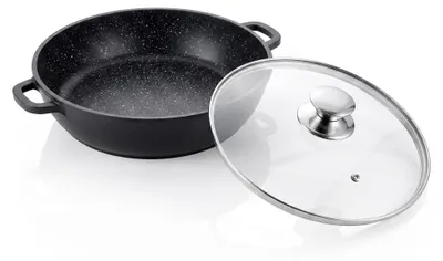 Zdjęcie produktu dla Cheffinger, marmurowa patelnia do smażenia 28 cm z silikonowymi uchwytami i szklaną pokrywką, czarna