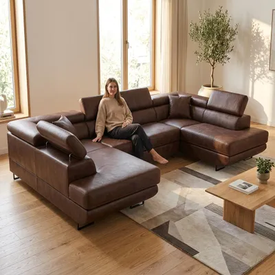 Produktbild von Ecksofa SAVIO BIG Boston – mit Schlaffunktion, Kunstleder in Braun, Family Meble, KI-generiertes Bild