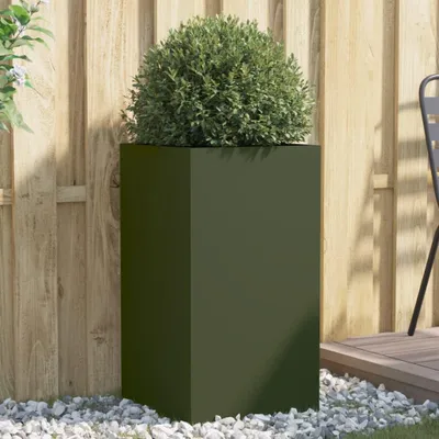 Produktbild von Olivgrüner Pflanzkübel aus Stahl, 42x38x75 cm, für Balkon, Garten und Außenbereich