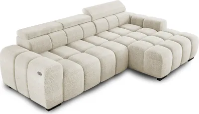 Produktbild von Ecksofa OMBO 285x168x77/97 cm, Rechte Seite Mit Schlaffunktion, Elektrisch Ausziehbarer Sitzfläche, Verstellbaren Kopfstützen, Dunklen Buchenholzfüßen, Hydrophobem EDEN-Bezugstoff - Weiß