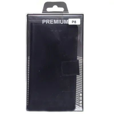 A black book-style phone case is displayed inside its retail packaging.