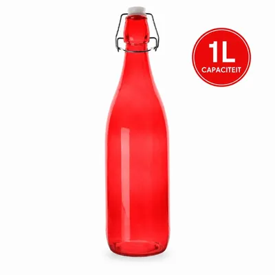 Productafbeelding van Glazen drinkfles met sluiting, 1 liter – Rood – Herbruikbare drinkfles met clipsluiting – Ø 8,6 x 32 cm