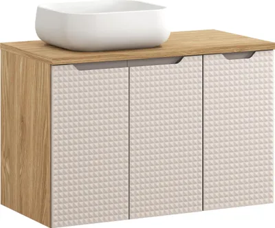 Zdjęcie produktu dla Nowoczesna Szafka Łazienkowa 90 Cm Z Blatem Dąb + Umywalka Nablatowa