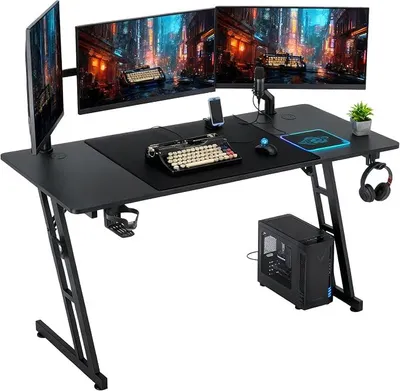 Produktbild von Suusonly Gaming Tisch Profi, 120x60cm Bürotisch & Computertisch mit Getränkehalter, Ergonomischer PC Schreibtisch Gaming, Höhenverstellbarer Schreibtisch Gaming für Gamer, Schwarz -ohne LED