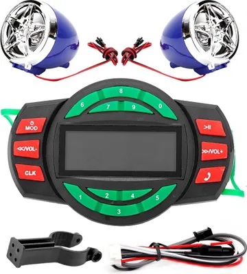 A motorcycle audio system with speakers and a control unit.