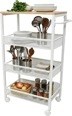 Produktbild von Relaxdays Nischenwagen, HxBxT: 77x22x45 cm, schmales Nischenregal Bad & Küche, 4 Ebenen, Rollregal Metall, natur/weiß