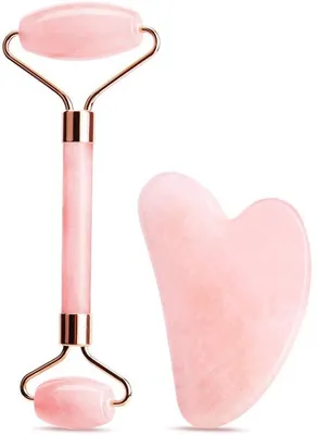 Produktbild von Gua en Jade Roller Set, Quarz Jade Stein Gesichtswerkzeug, Gesichtsreinigung Massager, Anti-Aging Schönheitswerkzeug für Gesicht, Auge, Hals (rosa)