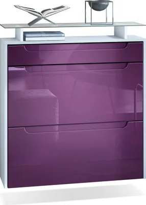Produktbild von Vladon Schuhschrank Annie, Schuhkipper für 16 Paar Schuhe mit 2 Klappen, 1 Schublade und Glasablage, Weiß matt/Brombeer Hochglanz, Griffmulden in Brombeer Hochglanz (89 x 96 x 23 cm)