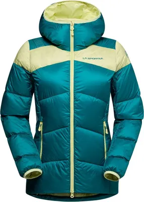 Damen-Isolationsjacke "Nature Down Jkt W" von La Sportiva in Türkis mit Kapuze und gelben Akzenten.