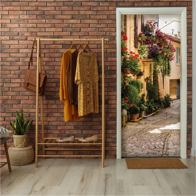 Obrázek produktu pro Samolepicí tapeta na dveře 91x211 cm jednodílná ulička Toskánsko 3D efekt dveřní plakát fototapeta na dveře obývací pokoj kuchyň koupelna samolepka na dveře dveřní fólie odolná proti UV záření připravena k montáži