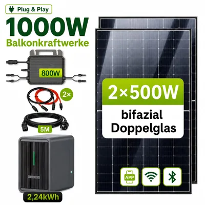 Produktbild von Balkonkraftwerk 1000W mit 2,24kWh Speicher, Marstek B2500-D, 2x500Wp bifaziale Solarmodule, 800W Mikrowechselrichter, 5m Anschlusskabel, Komplettset