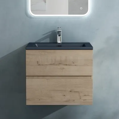 Produktbild von doporro Badmöbel-Set Waschbecken-Unterschrank Badezimmer Waschtisch mit Unterschrank BTH: 60x48x50 cm in Eiche Greige inkl. matt Anthrazit Mineralguss-Waschbecken Aqualis