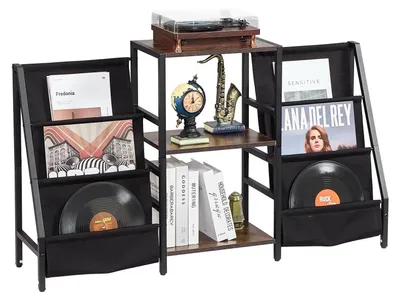 Zdjęcie produktu dla Stojak na winyle 3-poziomowy metalowy z półką pod gramofon do salonu