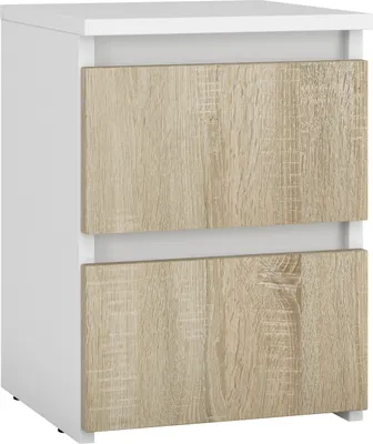 A white and wood-grain bedside table with two drawers.
