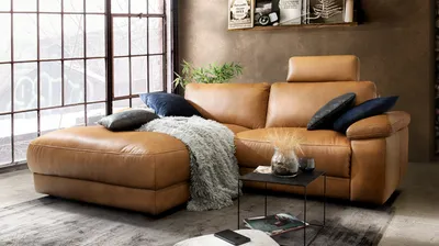 Produktbild von KAWOLA Sofa LOLA Ecksofa Leder cognac mit motorischer Relaxfunktion Recamiere links