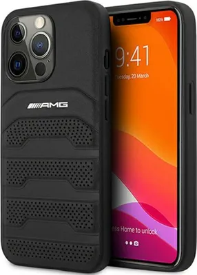 A black phone case with the AMG logo is shown next to an iPhone displaying the lock screen.