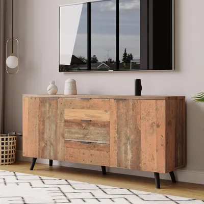 Image de MODFU Meuble TV en Bois Marron - 3 Tiroirs et 2 Portes avec Étagères Réglables, Meuble de Rangement pour Salon, 140×35×70 cm