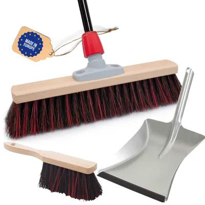 Produktbild von Novaliv Straßenbesen mit Stiel 40 cm Arenga-Elaston Borsten inkl. Kehrgarnitur verzinkt bestehend aus Kehrblech und Handfeger Ideal als Gartenbesen Terassenbesen Hofbesen Kehrbesen Outdoor broom