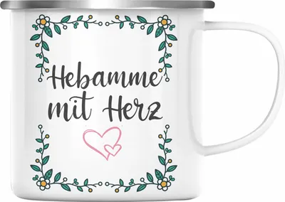 Produktbild von Trendation - Hebamme mit Herz Emaille Tasse mit Spruch Geschenk (Silber)