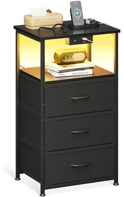 Nachtkästchen mit 3 Schubladen, USB, Steckdose, LED, 40x30x70 cm, Schwarz