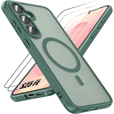 Image de Coque + 2 Verres Trempés pour Samsung Galaxy S25 FE, avec Anneau Magnétique et Vitre Caméra - Vert Nuit