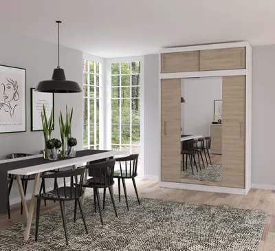 Produktbild von Schwebetürenschrank Kleiderschrank Schrank mit Spiegeln 150cm und Aufsatz 150/45/61cm Weiß/Sonoma mit LED-Beleuchtung Vista 01