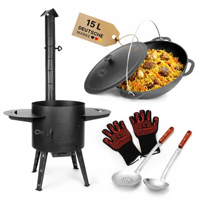 Produktbild von Premium Komplettset Uchag Feuerstelle 15L Gusseisen Kazan 2mm Stahl Outdoor Ofen Feldküche Plov Kessel Camping Grill Gulaschkessel Kazan Set Garten Feuerofen