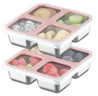 Produktbild von Snackboxen aus Edelstahl mit 4 Fächern, wiederverwendbare Snackbehälter, kleine Bento-Lunchbox für Kinder und Erwachsene, Behälter zur Essenszubereitung mit Fächern für Schule, Arbeit und