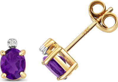 Produktbild von Funkelndes Feuer Schöne 9 Karat (375) Gold Diamant Paar Ohrstecker Brillant-Schliff H - PK mit Amethyst - 7mm*4mm; TRS35506