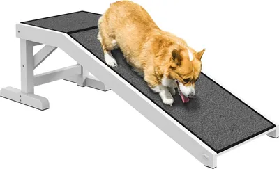 Produktbild von Haustierrampe Mit Rutschfestem Teppich Haustierleiter Hunderampe Für Hund Bis 30 Kg Kiefernholz Polyester Weiß+Grau 125 X 40 X 35,5 Cm