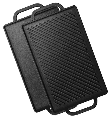Image de Plaque de cuisson en fonte, dimensions 33 x 21 cm, réversible, utilisable au four, sur la plaque de cuisson et sur le barbecue