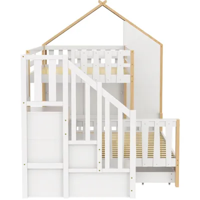 Produktbild von Flieks Etagenbett 90x200cm / 140x200cm, Kinderbett Hochbett mit Schubladen, Hausbett mit seitlichem Regal, Stockbett Holzbett 2 Kinder, Naturbelassen