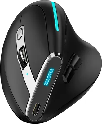 A black vertical gaming mouse with blue LED accents and silver trim, shown from a slightly elevated side angle on a white background.