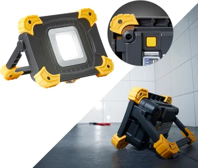 Collage of a portable LED work light in different angles and a close-up of its controls.