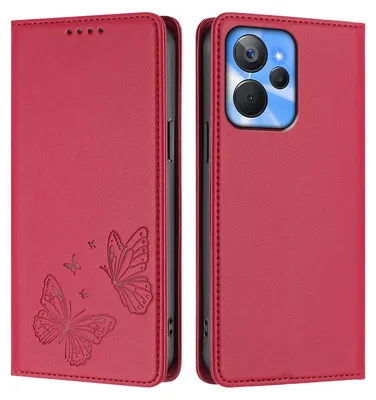 Produktbild von Lederhülle für Realme 10T 5G, Schmetterling Prägung Leder Brieftasche Schutzhülle mit Ständer Rot