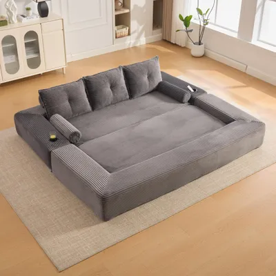 Produktbild von LVHOM Klappsofa 2-in-1 Schlafsofa aus Cordstoff, Bodensofa mit Getränkehalter, Modulares Polstersofa mit Seitentaschen, 232 cm, Dunkelgrau