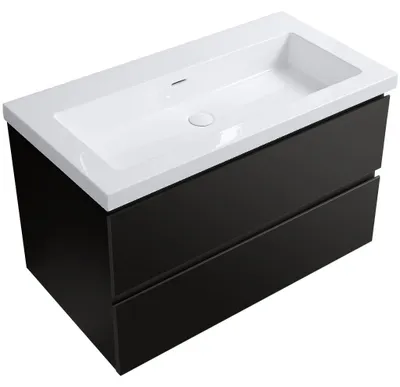 Productafbeelding van Badkamermeubel Carole - mat zwart + wastafel van gietmarmer Ovo - glanzend wit - 100,5x53x46,5 cm