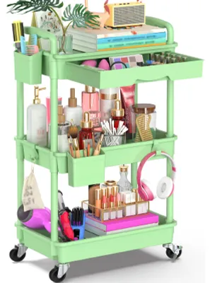 Image de Chariot de rangement à 3 étages, chariot de rangement à roulettes, chariot multifonctionnel avec tiroir, pour la cuisine, la salle de bain, le bureau, le salon, vert