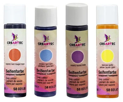 Produktbild von CREARTEC Seifenfarben Transparent 4er Set (Rot, Blau, Gelb, Violett) 40ml - Inhalt jeweils 10ml - zum Herstellen farbiger Seifen