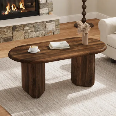 Produktbild von MODFU Ovaler Couchtisch in Nussbaum-Optik,moderner Wohnzimmertisch mit abgerundeten Beinen,Sofatisch aus MDF,Kaffeetisch für Wohnzimmer