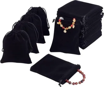 Set von 50 schwarzen Samtbeuteln mit Kordelzug für Schmuck, rechteckige Geschenktaschen, 12 x 10 cm