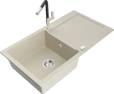 Produktbild von Mexen Leo 1 Becken-Granitspüle mit Abtropffläche und Mischbatterie Flora, Beige - 6501-69-670401-07